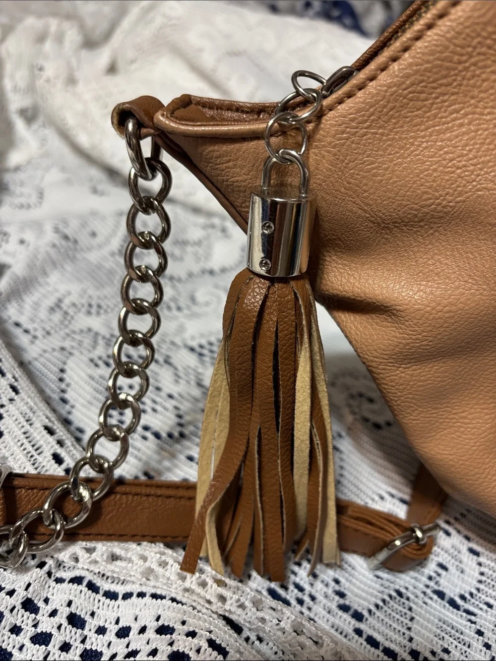 Nine West Tan Faux Leather Tassel Shoulder Bag with Chain Accent